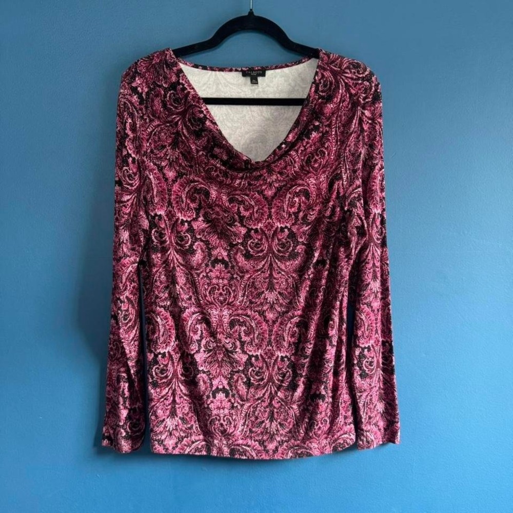 Talbots Cowl Neck‎ Blouse Women's Size Medium Petite Pink Black Patterned Work